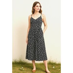 Old Navy Woman's Dress Sz M Floral Tired‎ Midi Cottagecore Coquette Black White